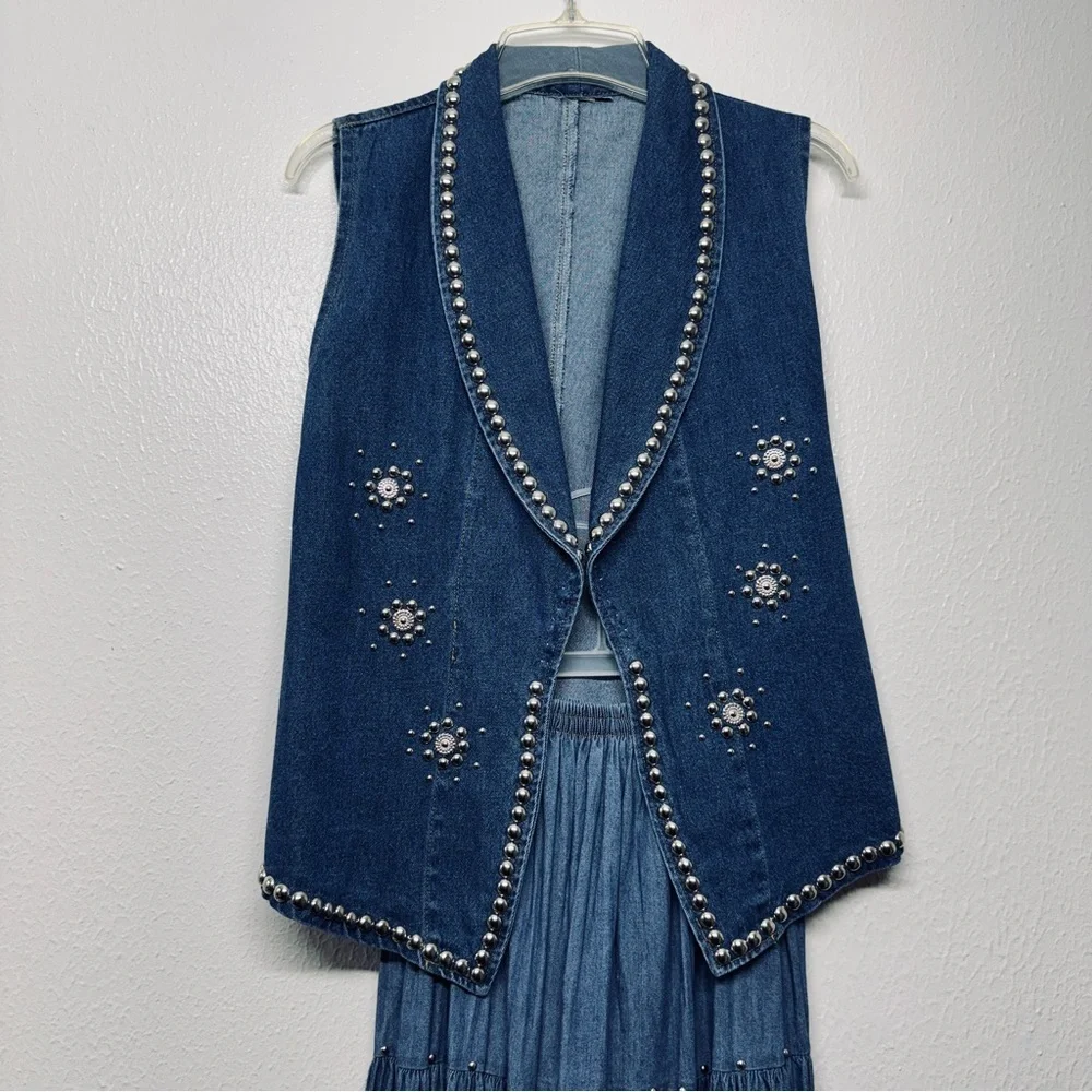 Vintage Embellished Jean Two-Piece Vest and Maxi Skirt Set